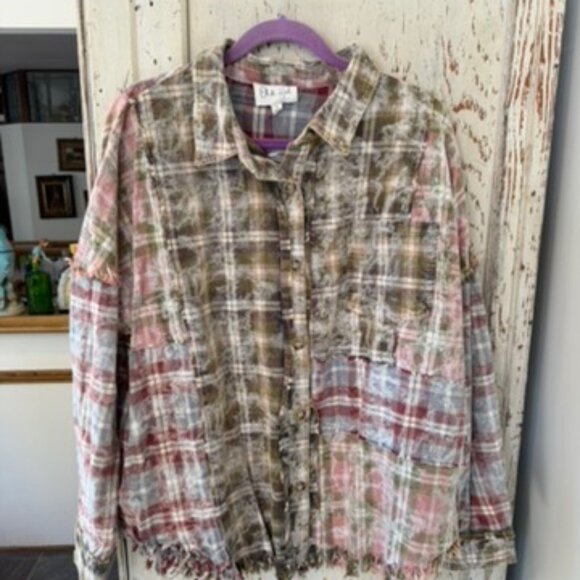OLI & HALI WASHED PLAID FRINGE TRIM OVERSIZED SHIRT - Picture 6 of 9